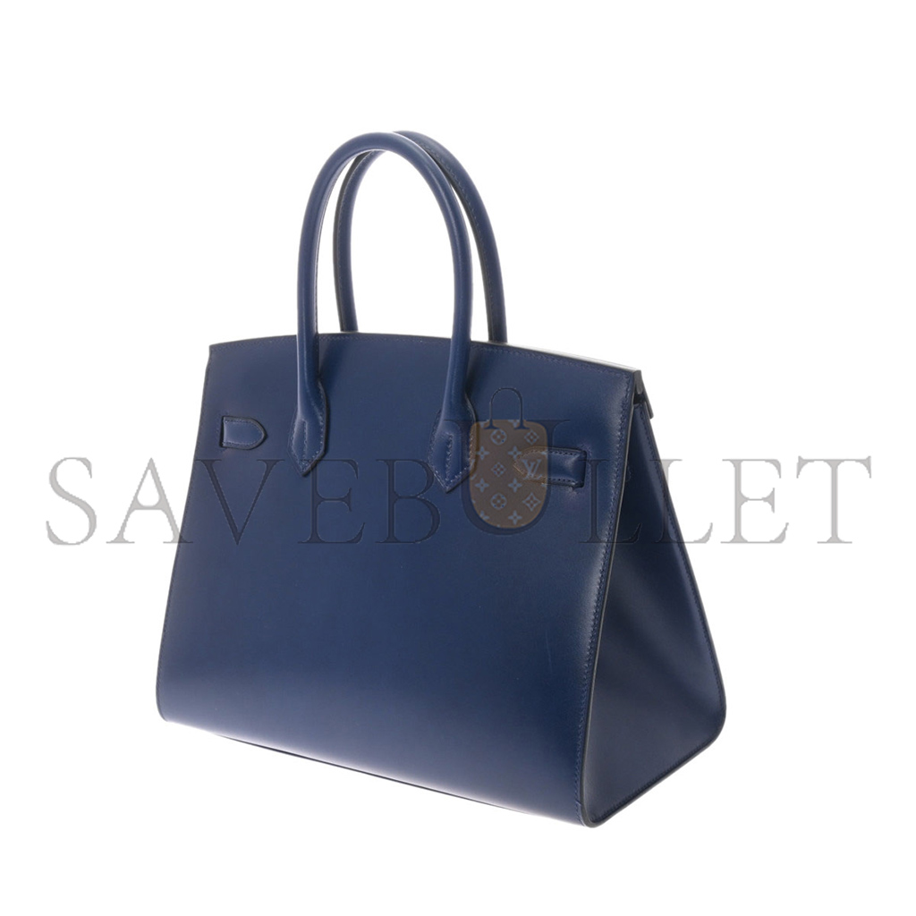 HERMES BIRKIN 30 BOX LEATHER SAPPHIRE BLUE SILVER BUCKLE H029283CK81 (30*23*15cm)